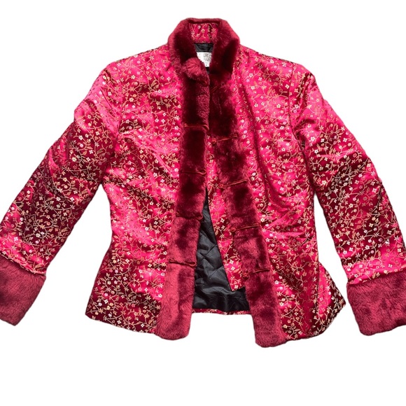 Red Satin Oriental Fur Collared Japanese Blazer Jacket Size Small - Picture 2 of 8